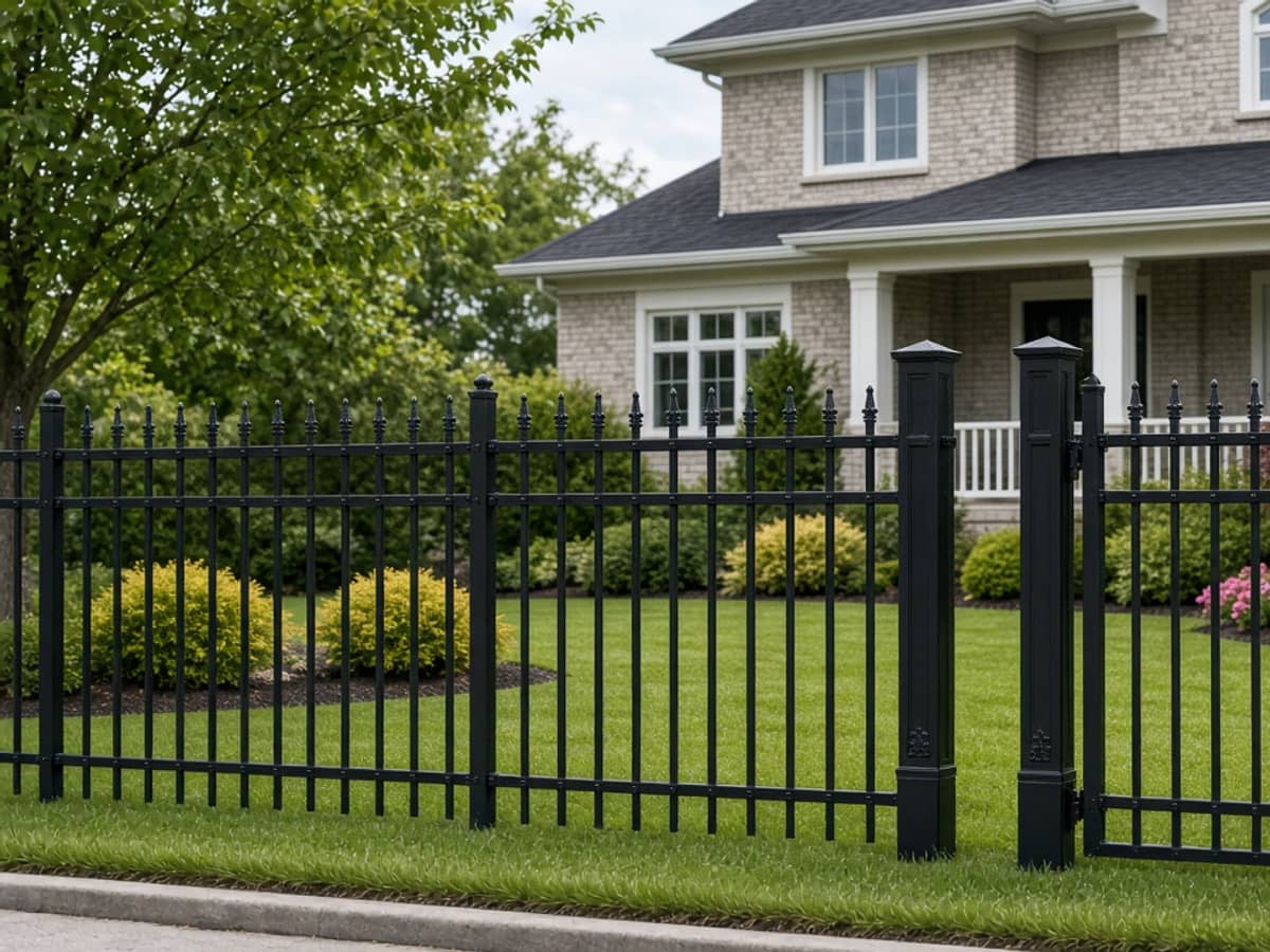 Black ornamental aluminum fence and gate in front of a house