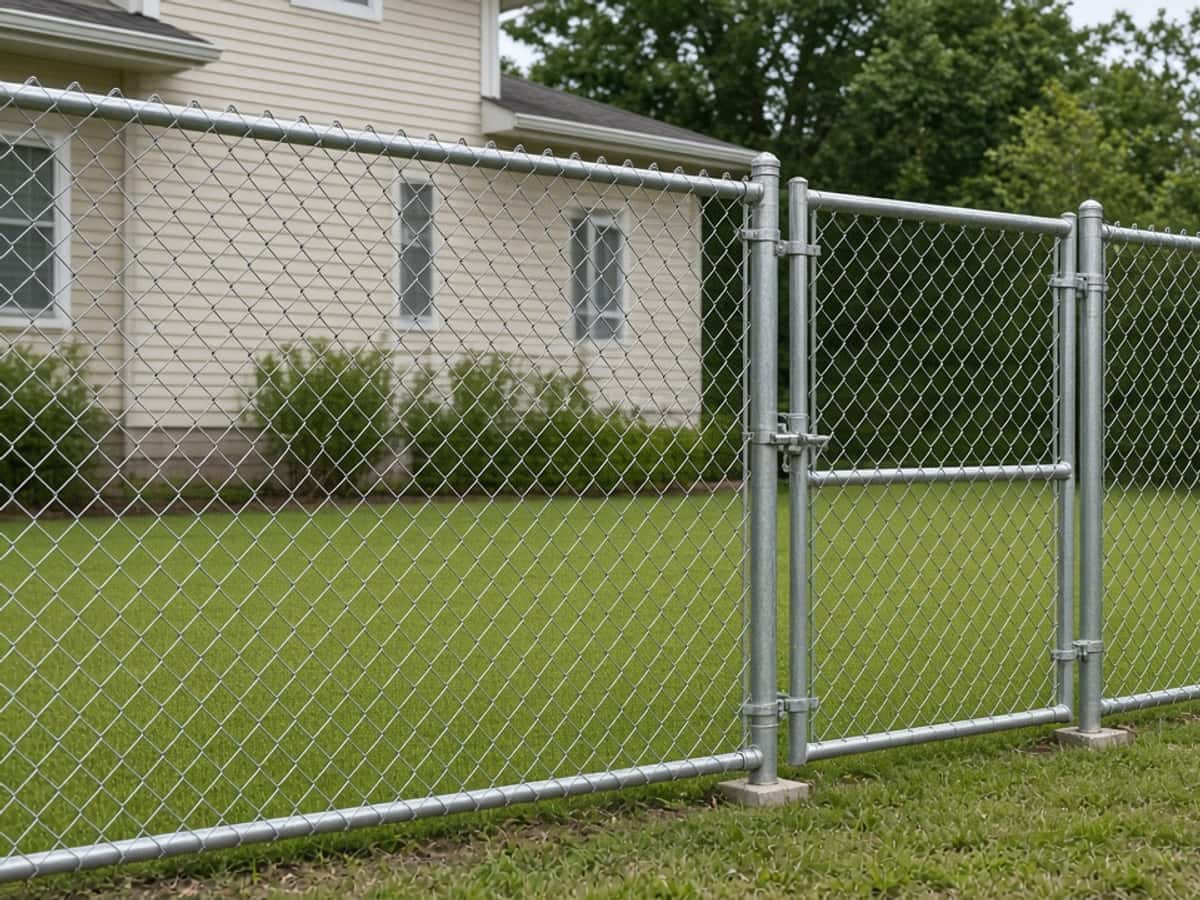Galvanized chain link fence and gate around a side yard