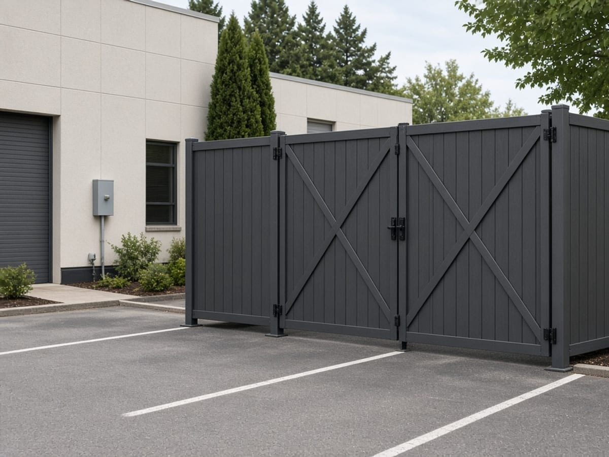 Dark gray privacy fence and double gate beside a commercial building parking lot