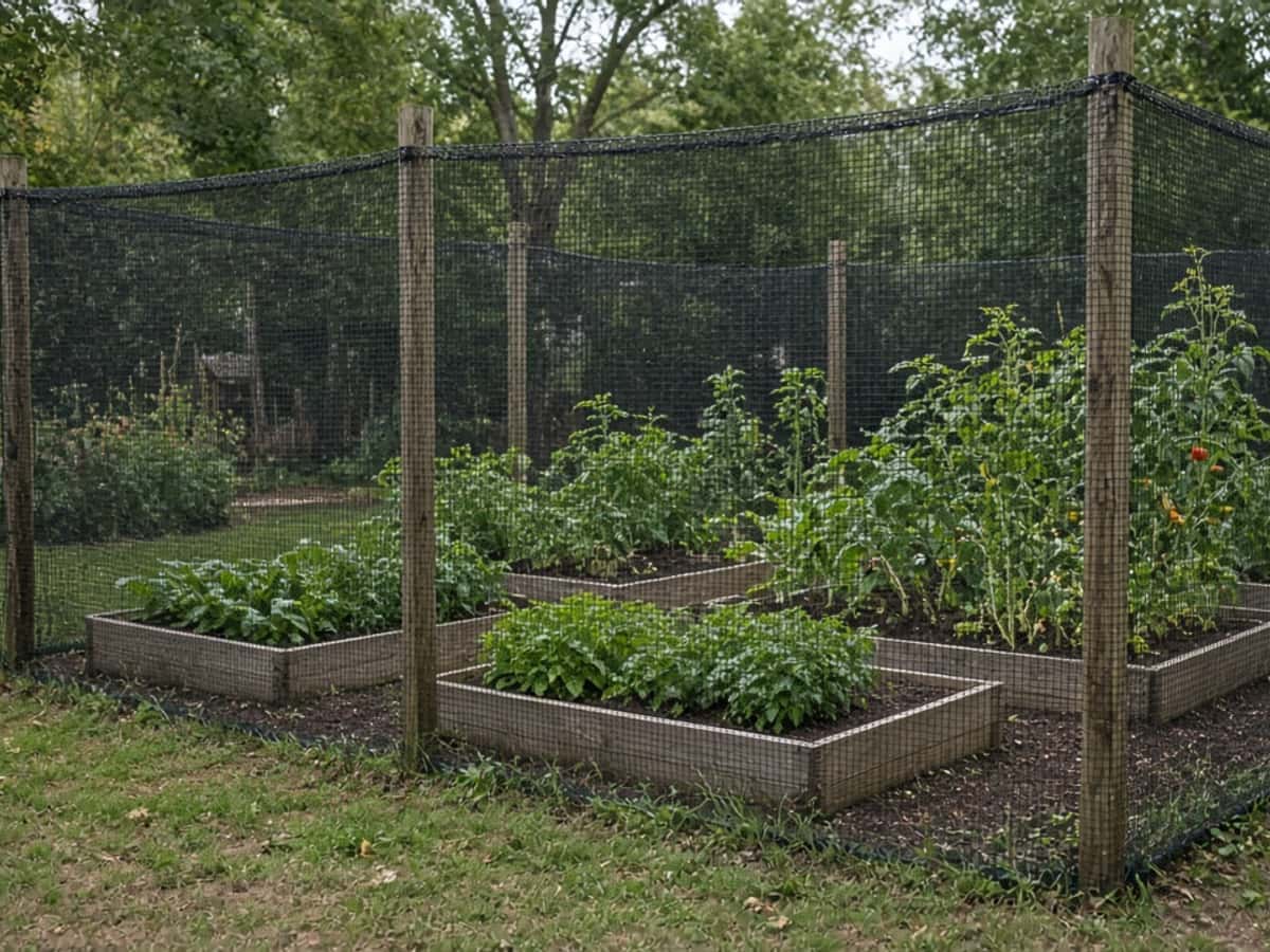 Tall black mesh deer fence on wood posts around raised garden beds