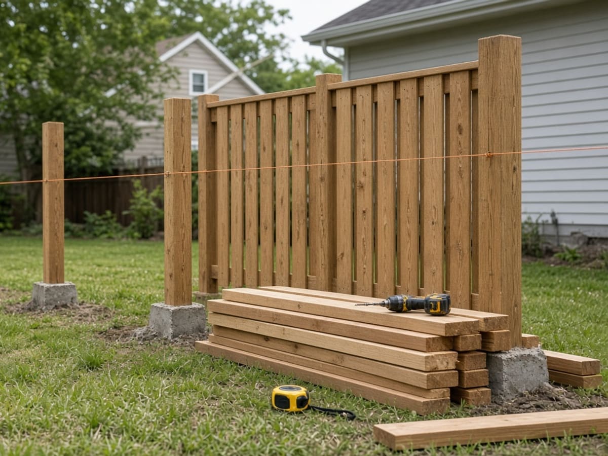 Wood privacy fence panels going up on new posts, with lumber and tools on the lawn
