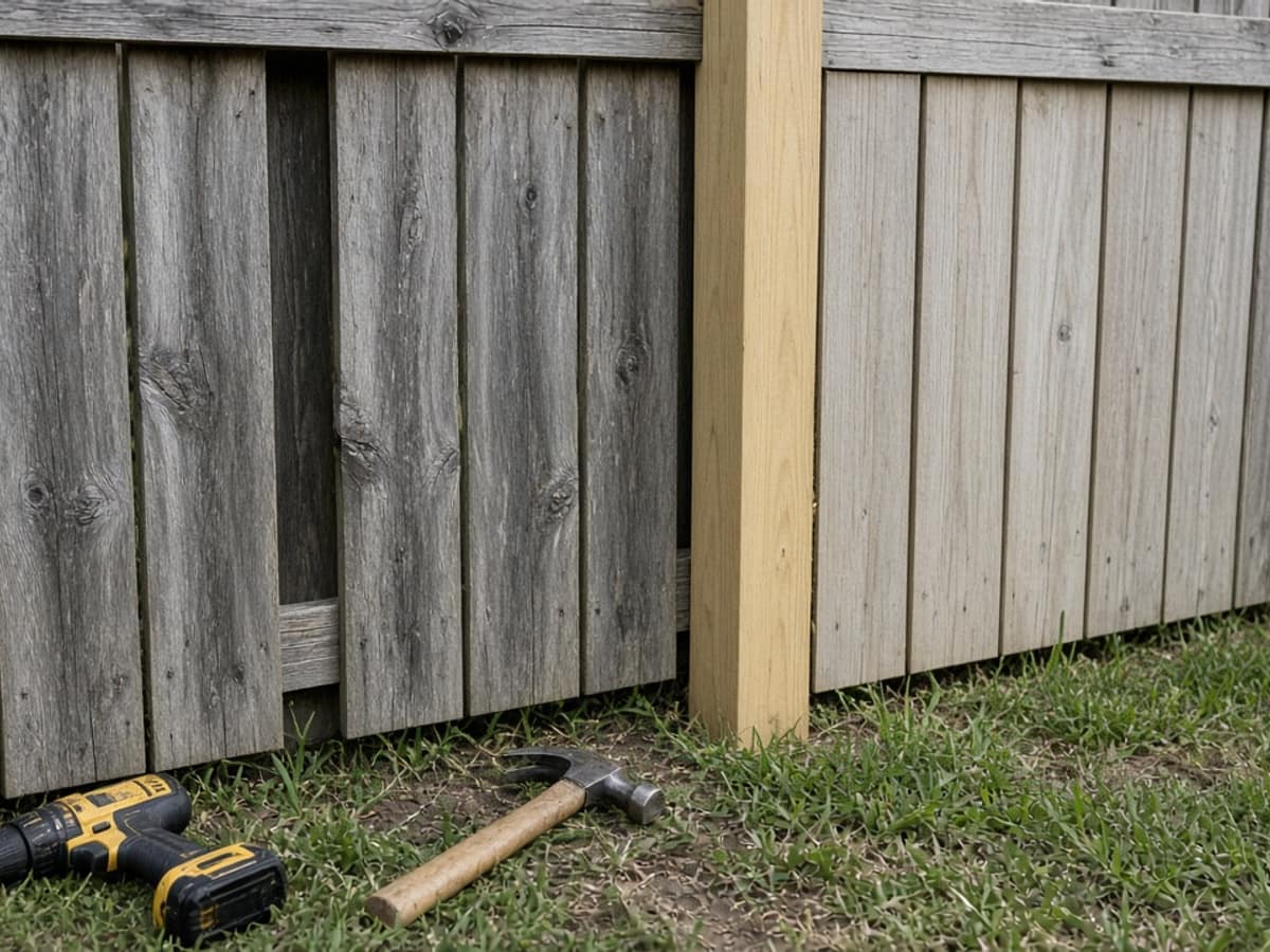 Weathered wood fence with a new post and fresh boards, a drill and hammer on the grass