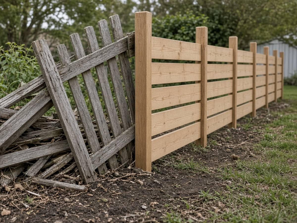 Collapsed old picket fence beside a new horizontal board fence
