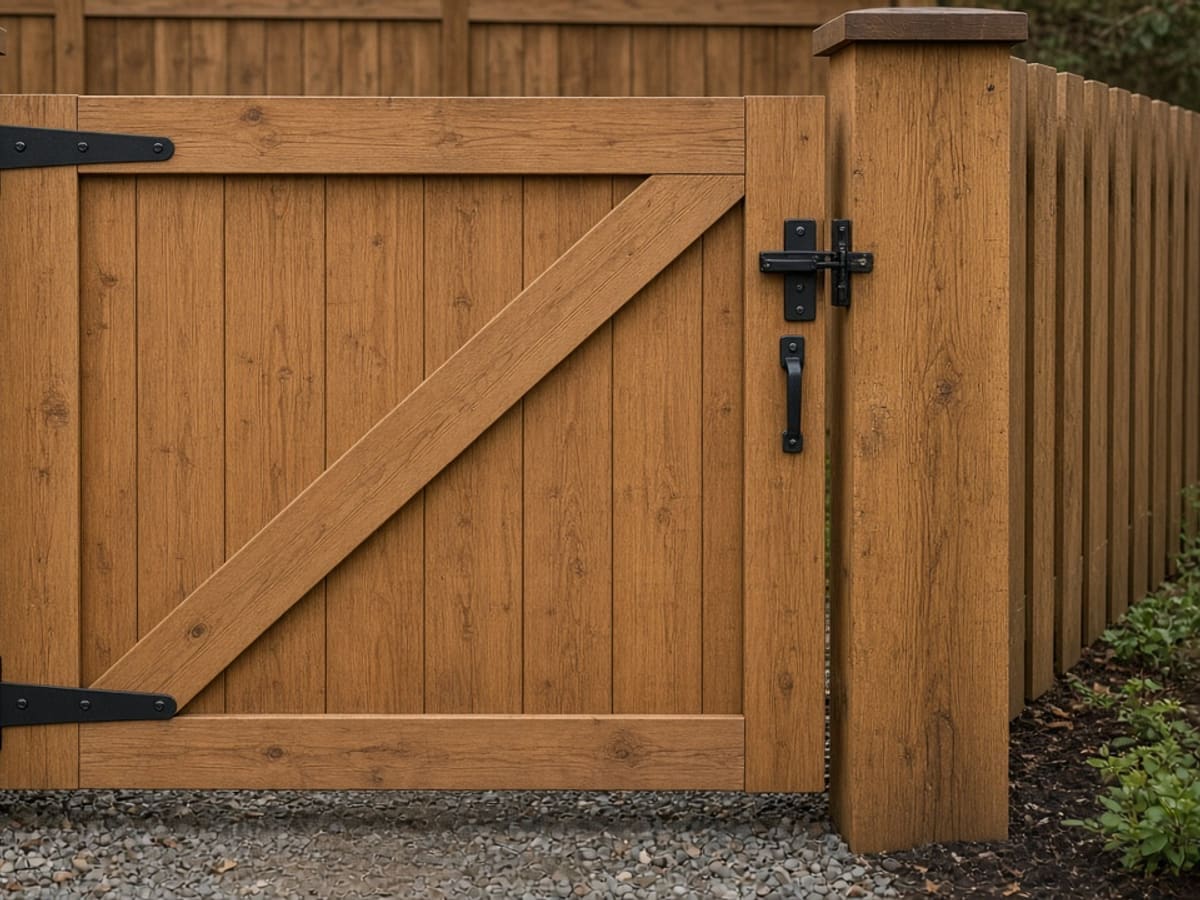 Wood fence gate with a diagonal brace, black hinges, and a latch