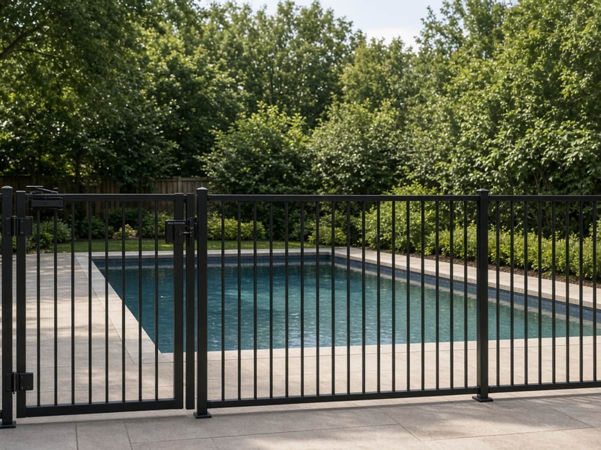 Black aluminum pool fence with a gate around an in-ground pool