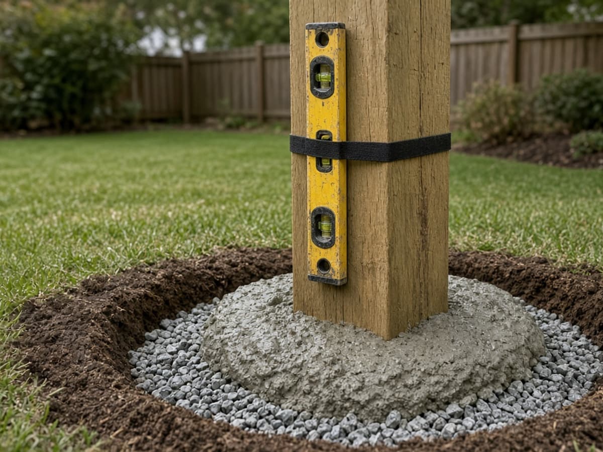 Wood fence post set in concrete over gravel, with a level strapped to it