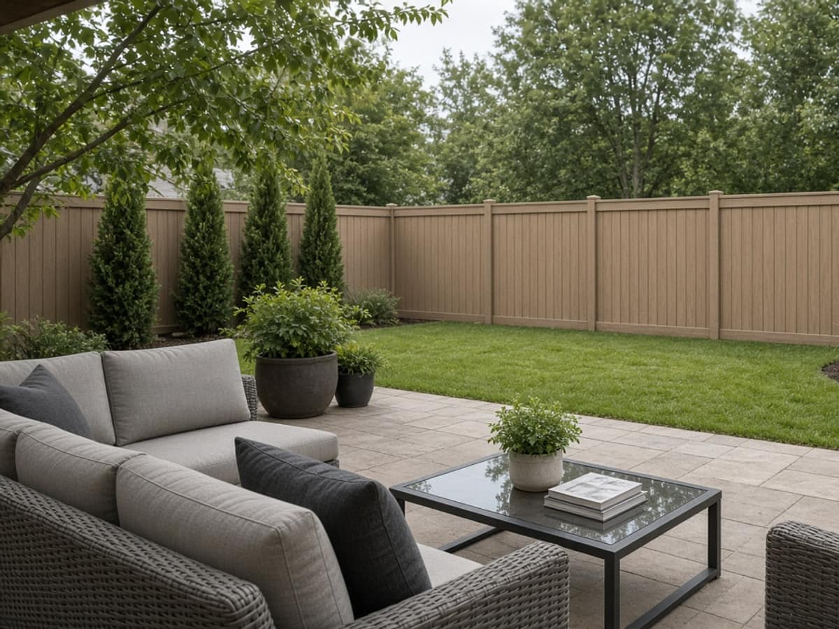 Tan vinyl privacy fence around a backyard patio