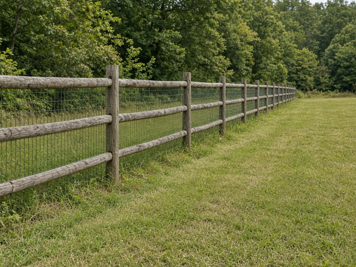 Split rail fence with wire mesh along the edge of a field
