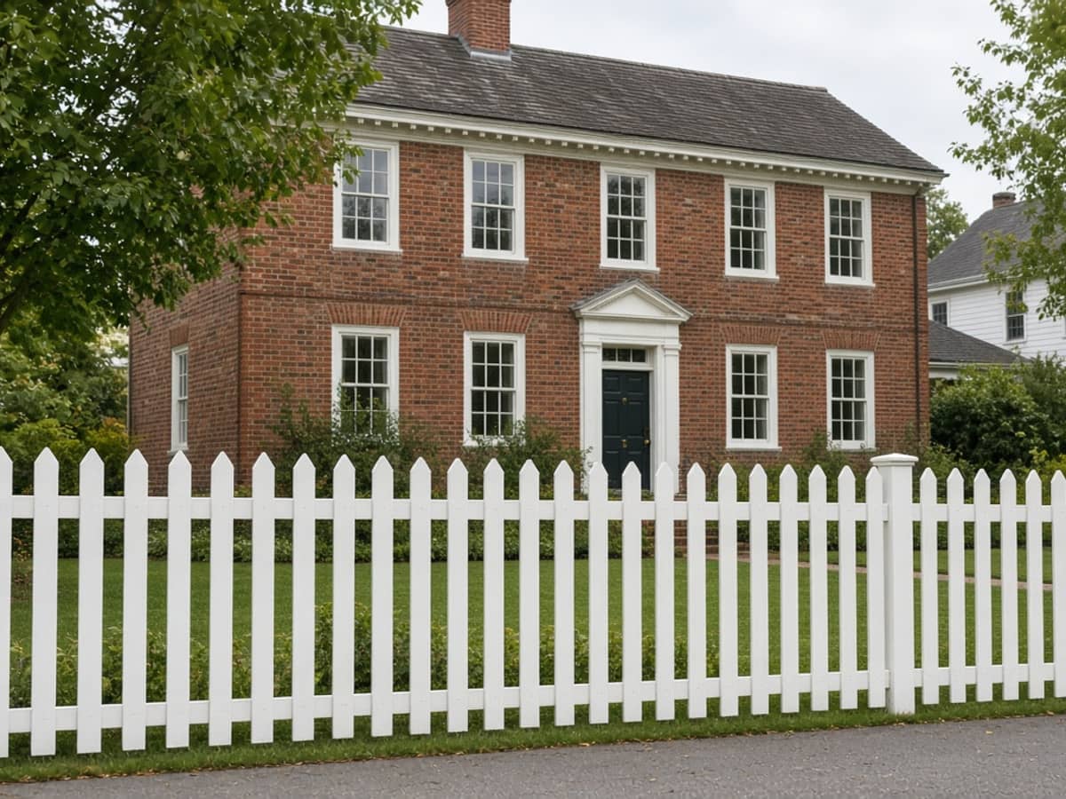 White picket fence in front of a brick colonial house