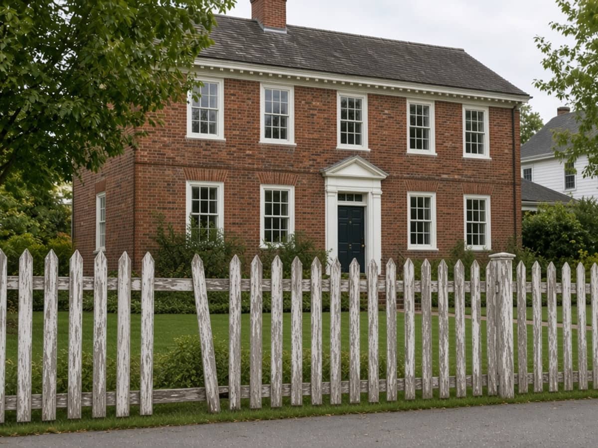 Weathered white picket fence with leaning pickets in front of a brick colonial house