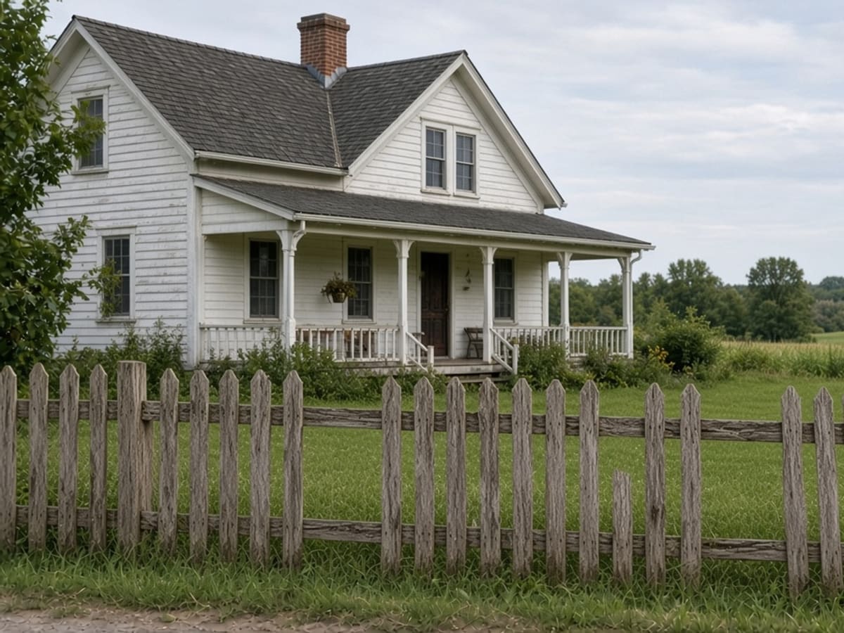 Gray, weathered picket fence with missing pickets in front of a white farmhouse