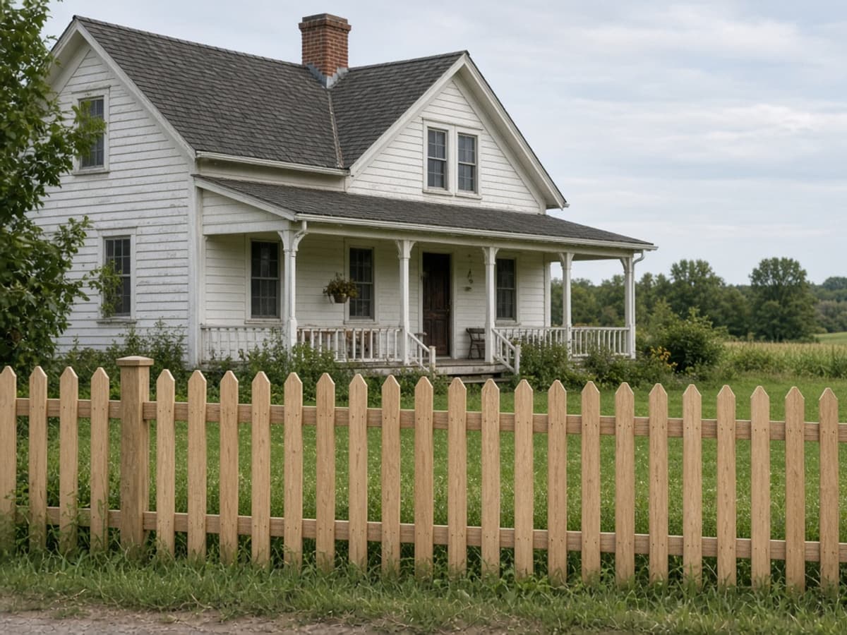 Natural wood picket fence in front of a white farmhouse
