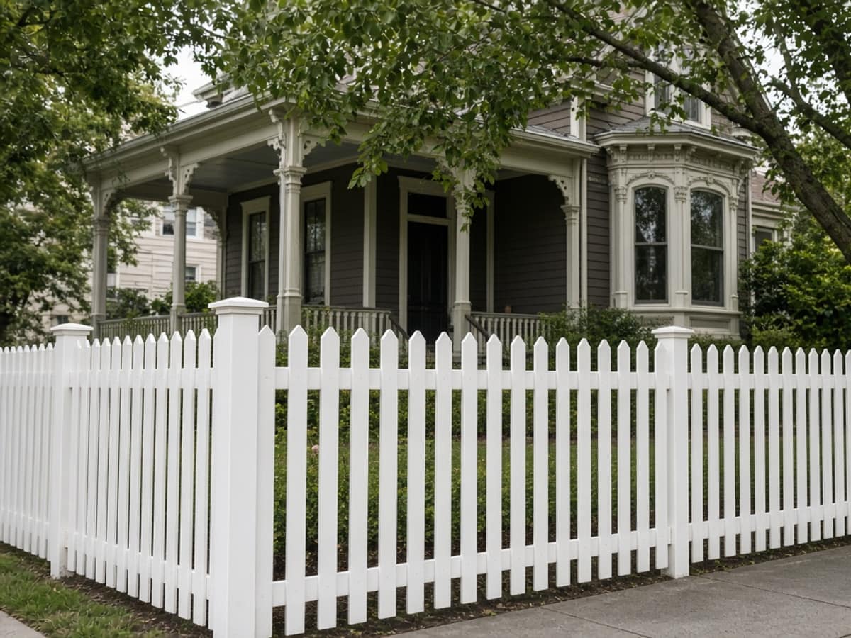 White picket fence with square posts along the corner of a Victorian house