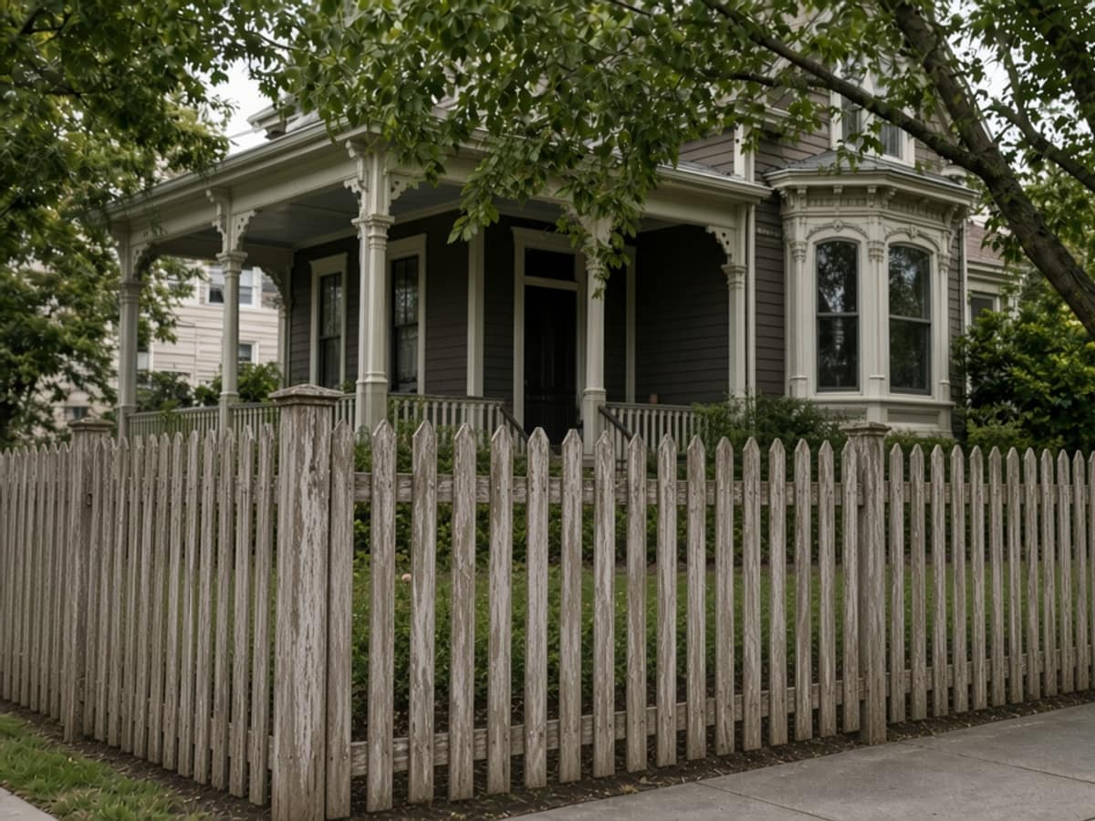 Weathered gray picket fence along the corner of a Victorian house