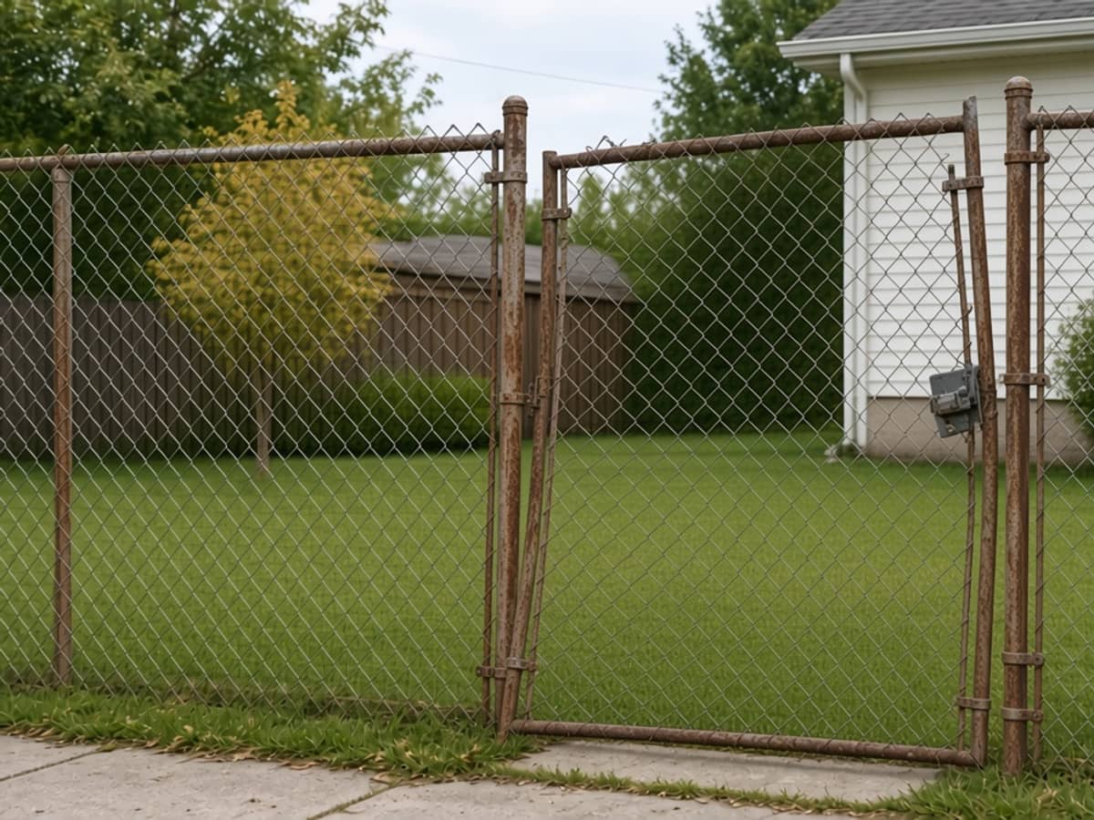 Rusted chain link fence with a sagging gate in a side yard