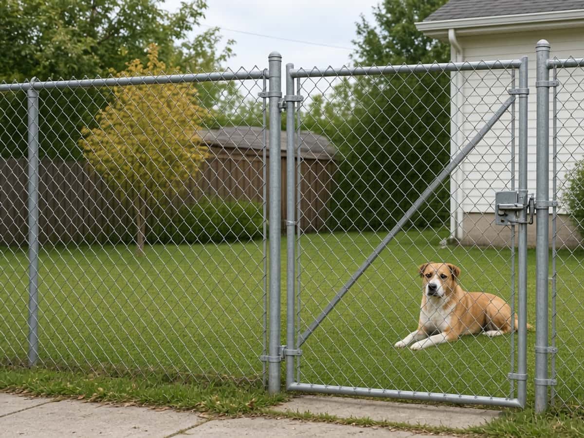 Galvanized chain link fence and gate with a dog lying in the yard