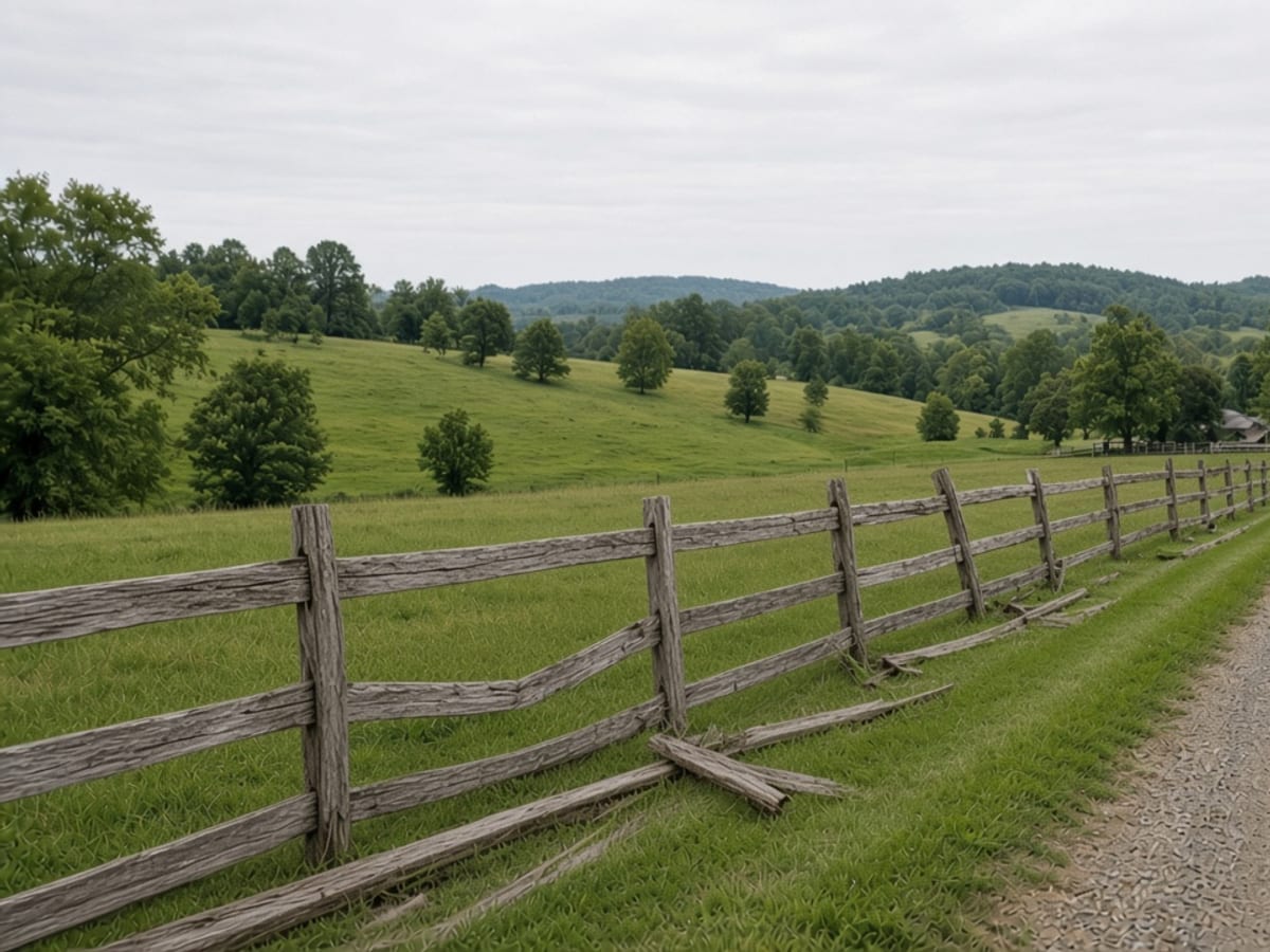 Broken, weathered split rail fence along a rural field