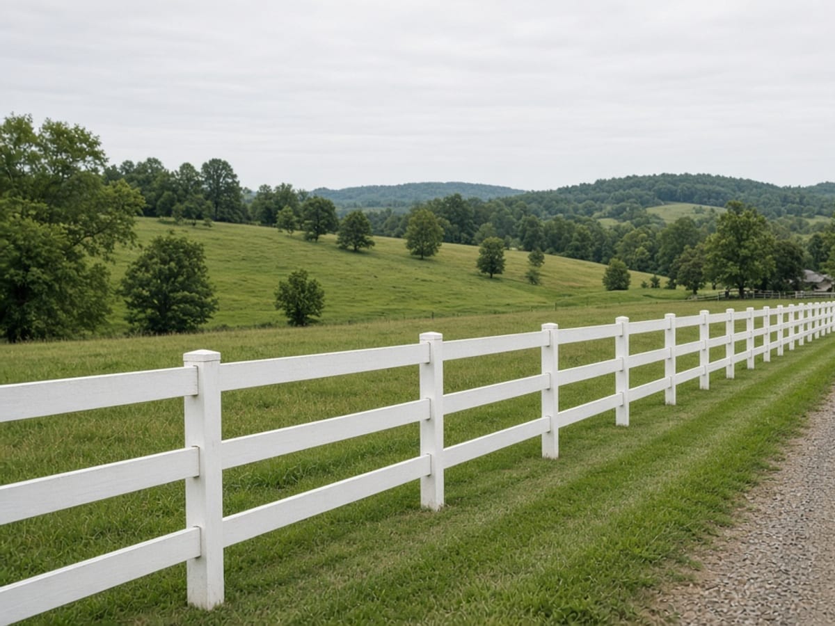 White three-rail fence along a rural field
