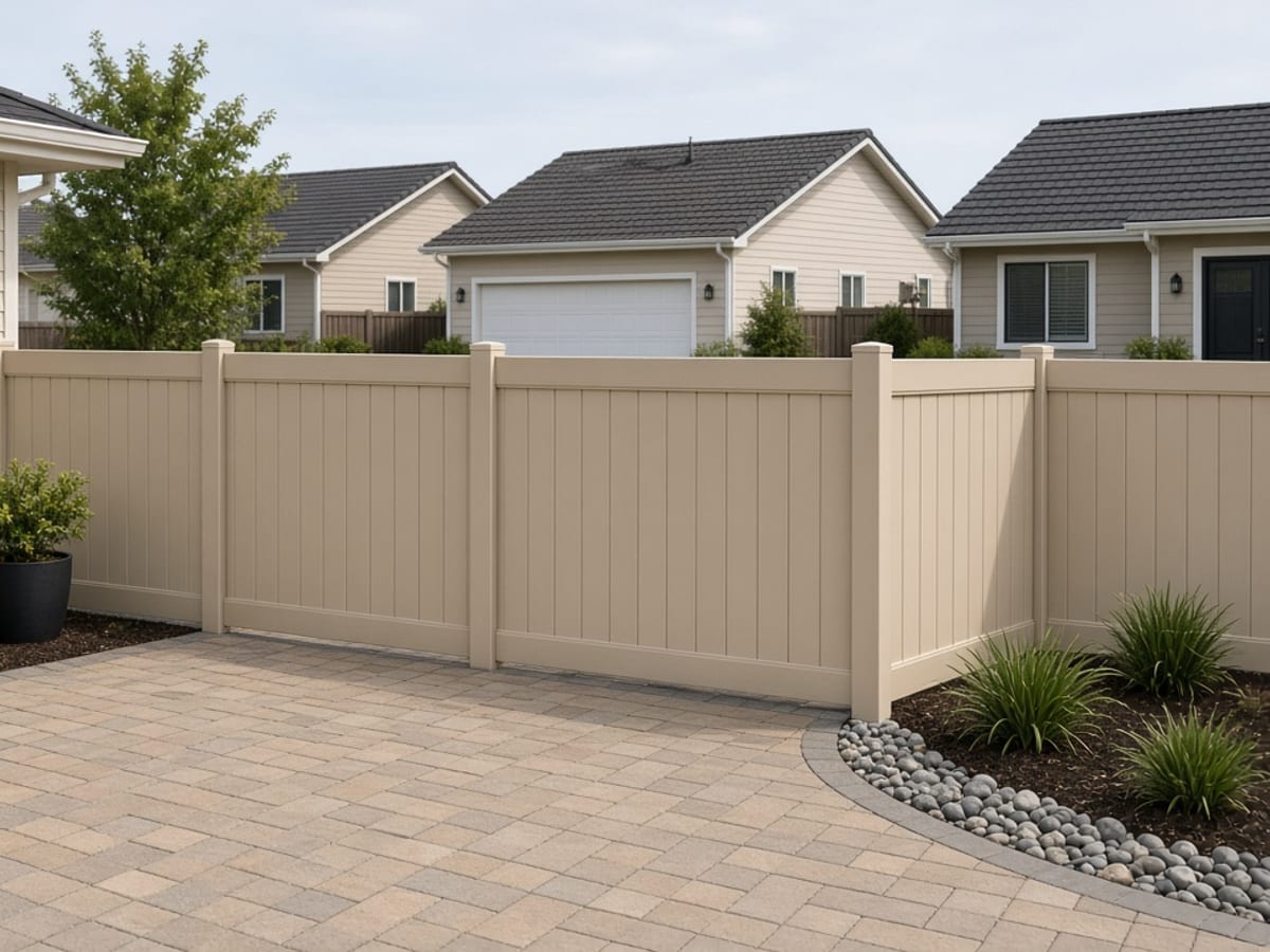 Tan vinyl privacy fence behind a paver patio