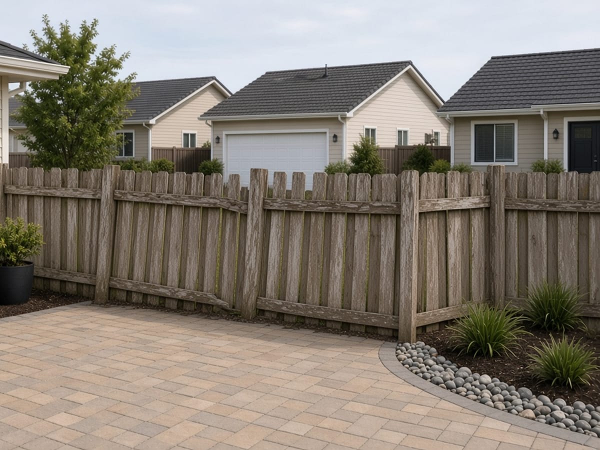 Weathered gray board fence behind a paver patio