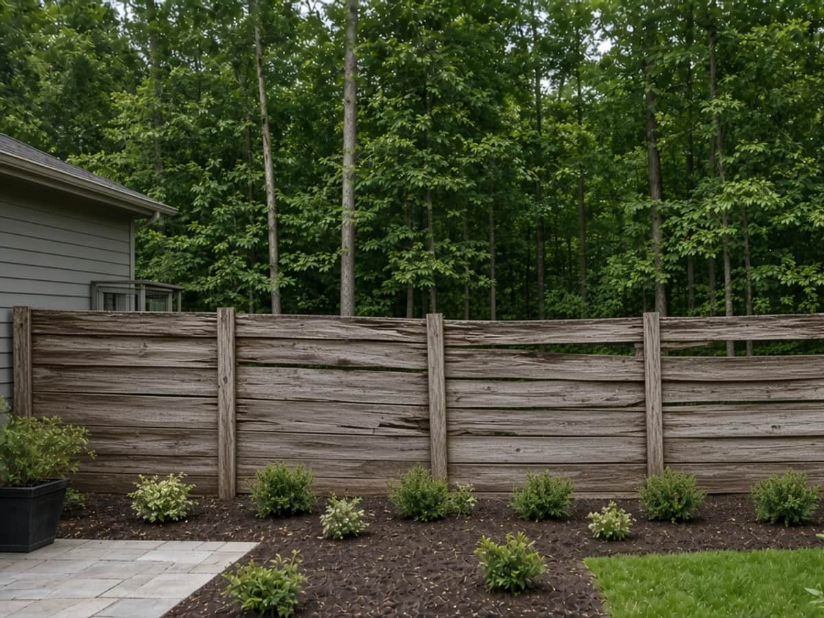 Weathered horizontal board fence in front of a wooded lot
