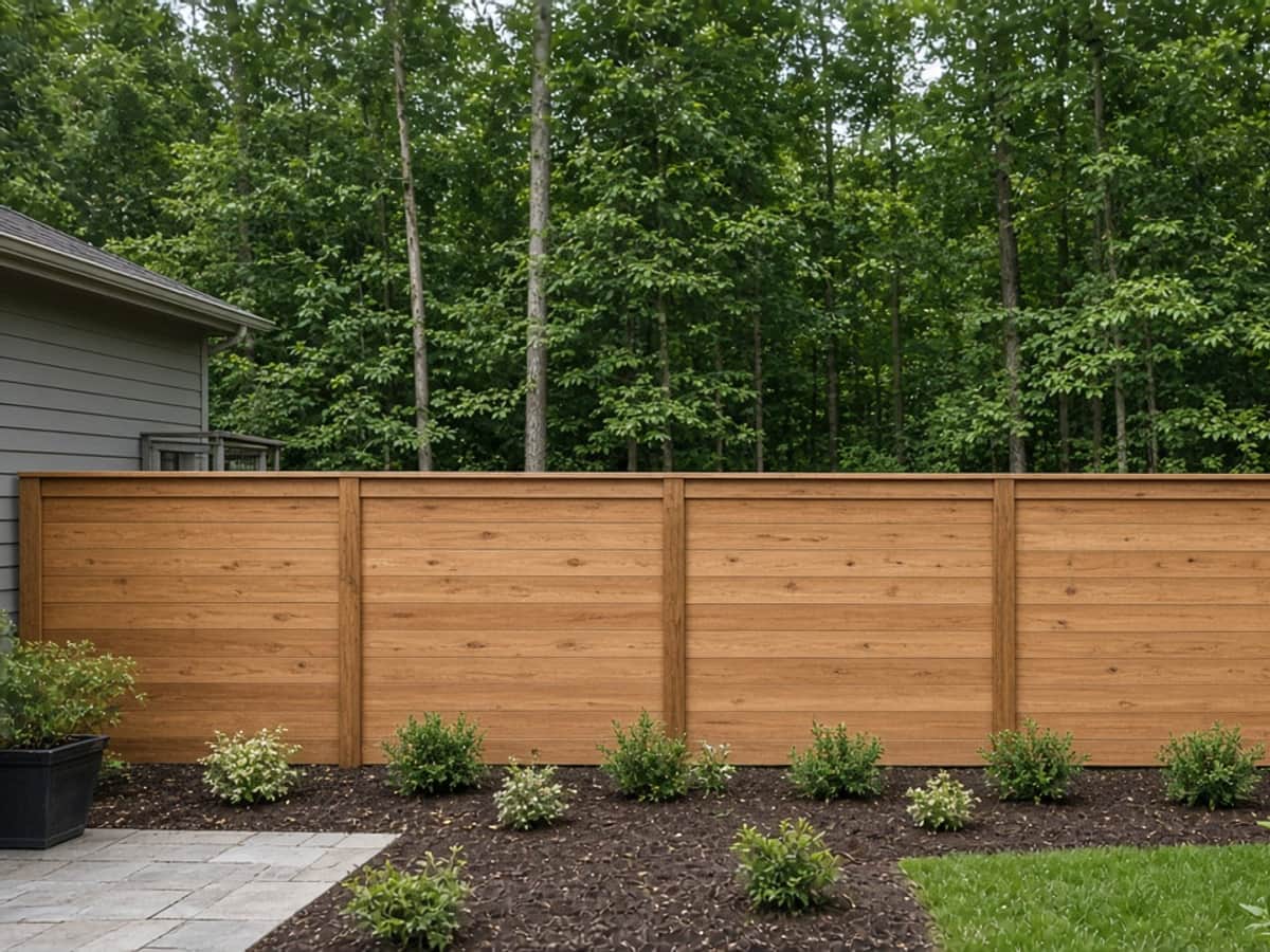 Cedar-tone horizontal board fence in front of a wooded lot