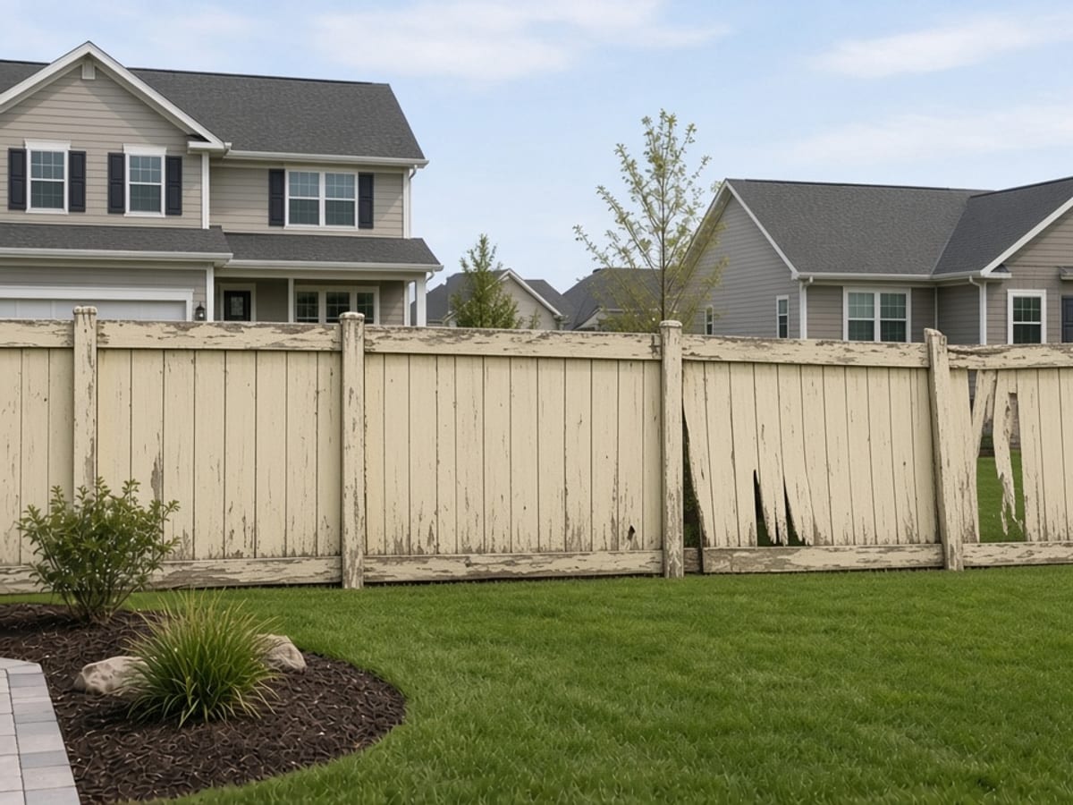 Cream privacy fence with cracked, peeling panels in a backyard