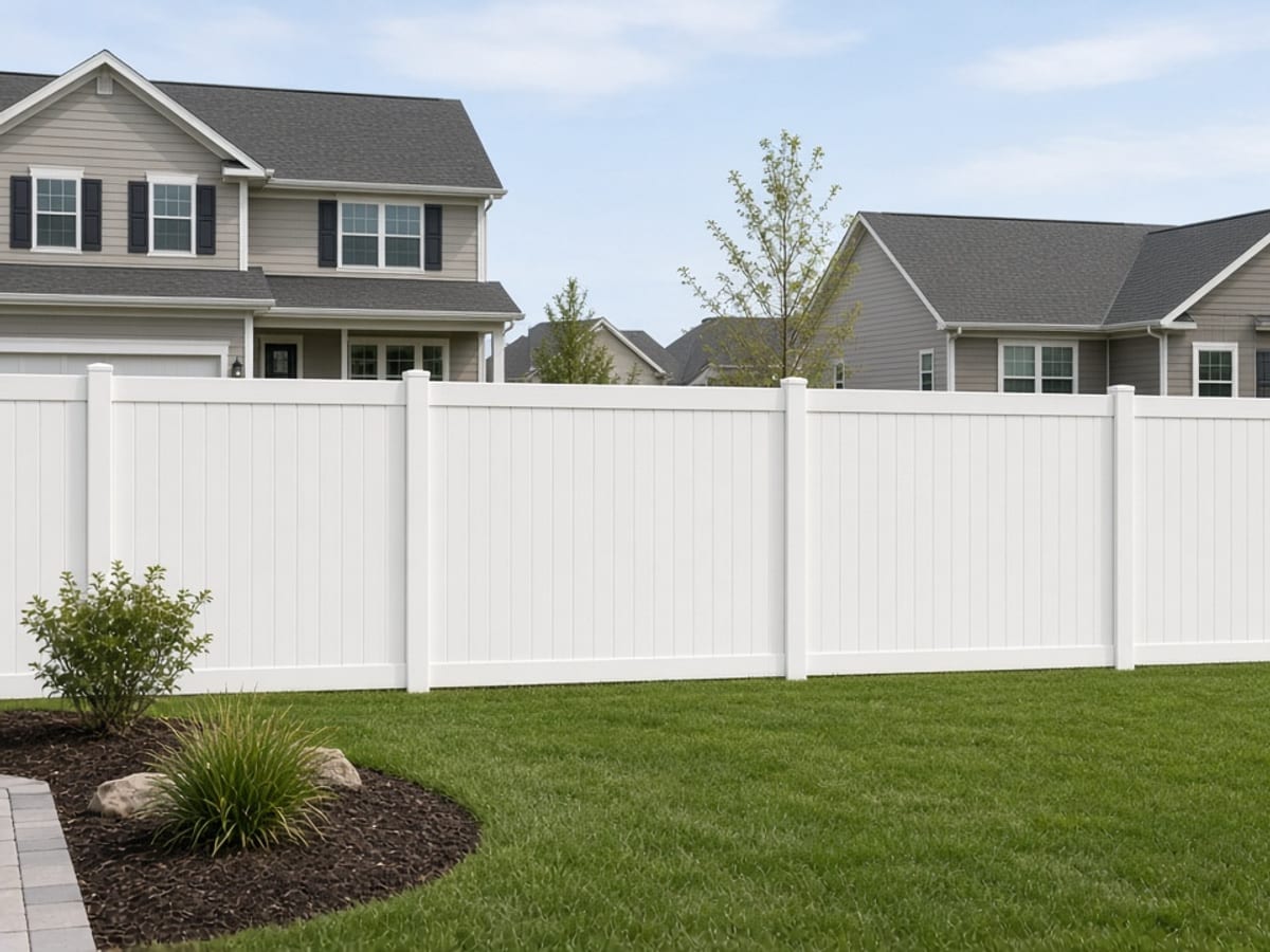 White vinyl privacy fence in a backyard