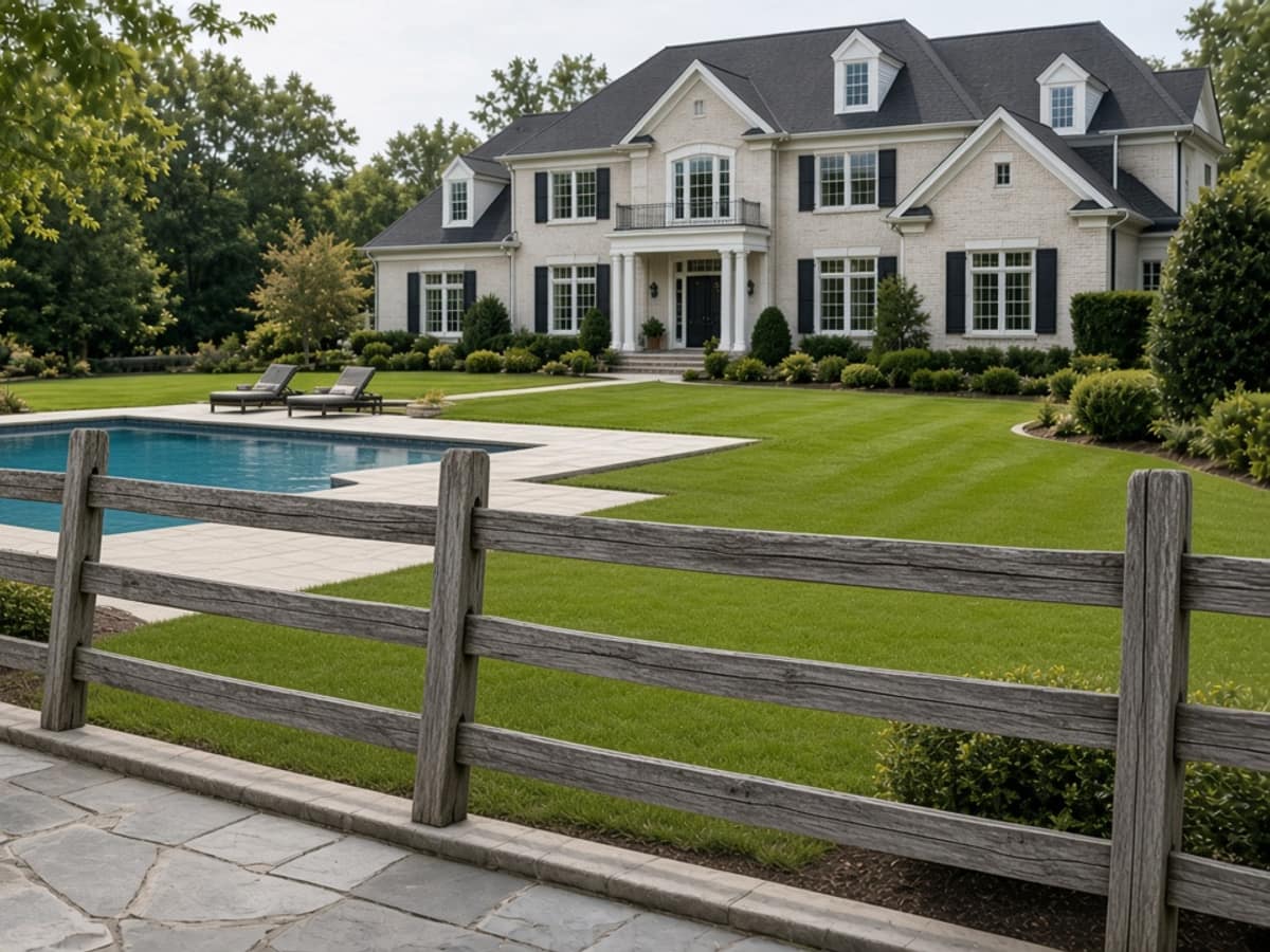 Weathered rail fence beside a pool behind a large house