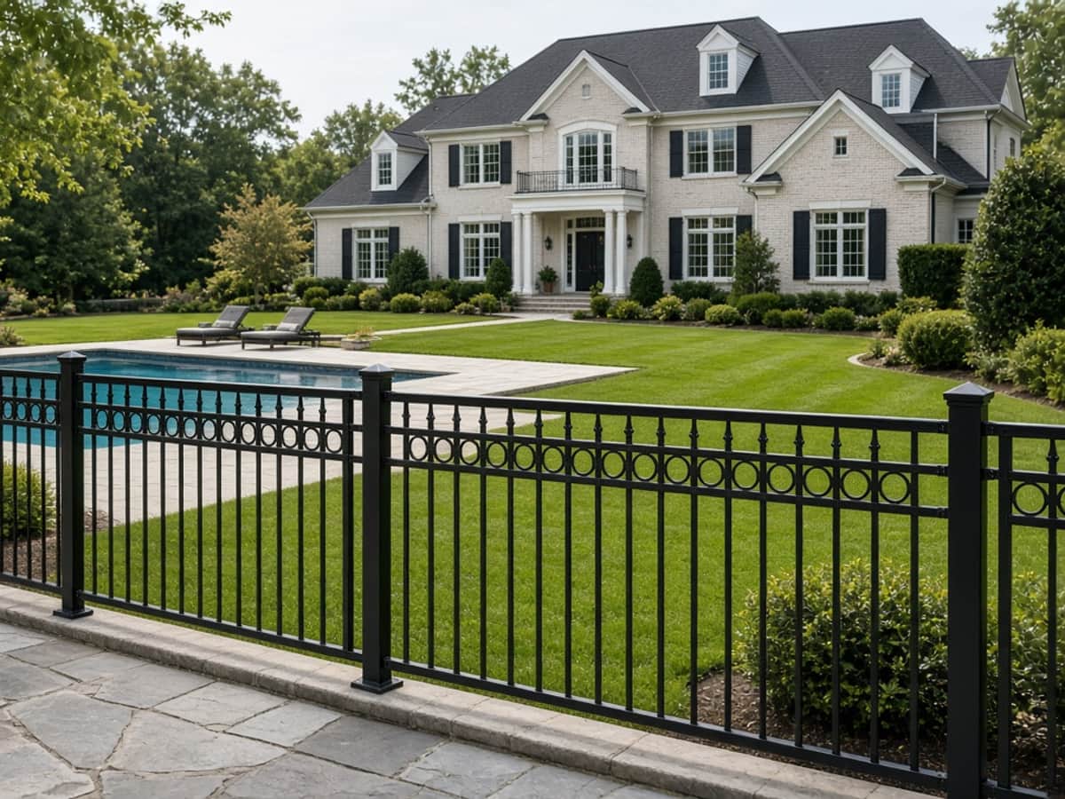 Black ornamental aluminum fence beside a pool behind a large house