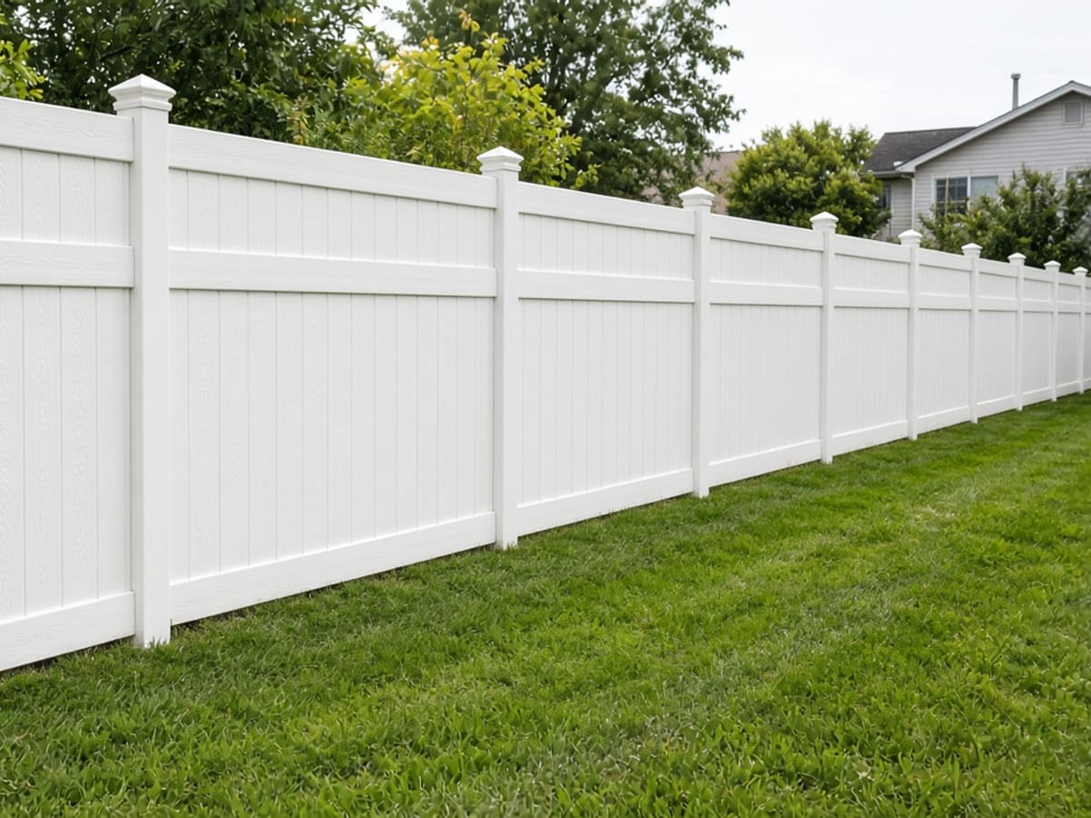 White vinyl privacy fence along a backyard lawn