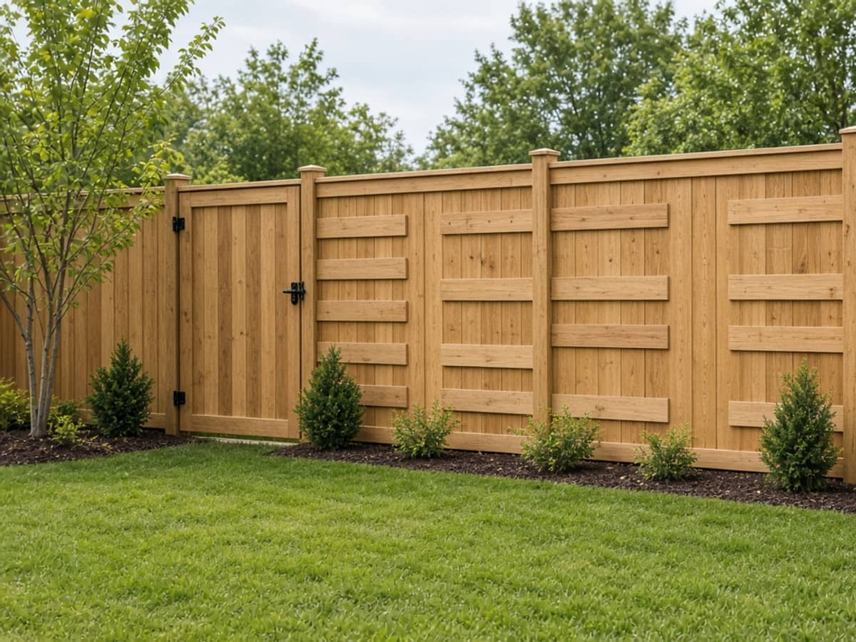 Cedar board privacy fence with a matching gate in a backyard